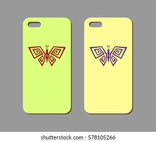 Mobile phone case design. Abstract polygonal butterfly silhouette background. Vector graphics.