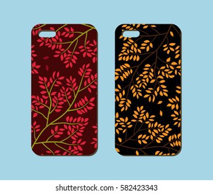 Mobile phone case design. Abstract leaves and twigs background. Vector graphics.