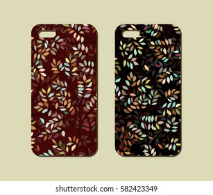 Mobile phone case design. Abstract leaves and twigs background. Vector graphics.