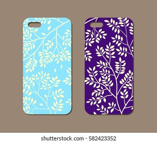 Mobile phone case design. Abstract leaves and twigs background. Vector graphics.