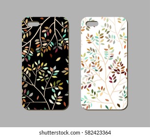 Mobile phone case design. Abstract leaves and twigs background. Vector graphics.