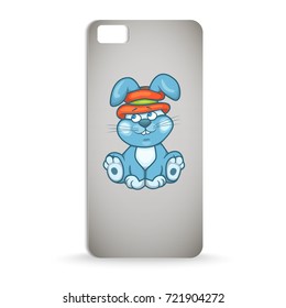 mobile phone case design with cartoon of blue cute baby rabbit in hat