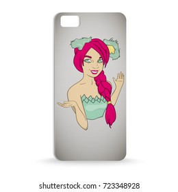 mobile phone case design with Cartoon of smiling cute girl with funny green ears, pink hair with braid