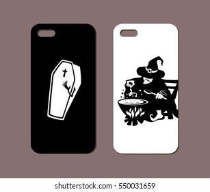 Mobile phone case design. Coffin and witch silhouettes. Vector graphics.
