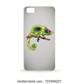 mobile phone case design with colorful chameleon sitting on branch