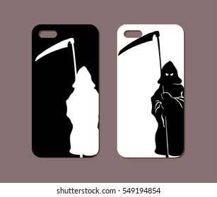 Mobile phone case design. Death with scythe silhouettes. Vector graphics.