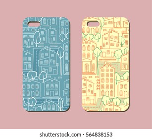 Mobile phone case design. Hand drawn cityscape background. Vector graphics.