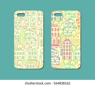 Mobile phone case design. Hand drawn cityscape background. Vector graphics.