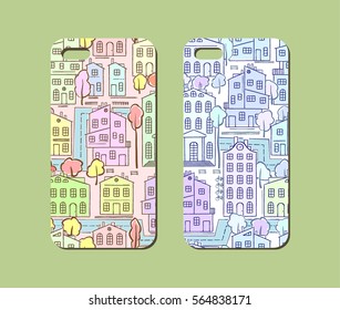 Mobile phone case design. Hand drawn cityscape background. Vector graphics.