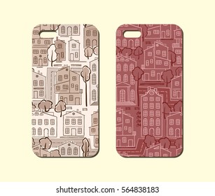 Mobile phone case design. Hand drawn cityscape background. Vector graphics.