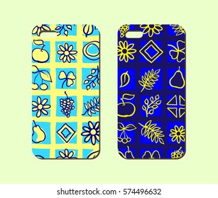 Mobile phone case design. Hand drawn flowers, leaves and fruits background. Vector graphics.