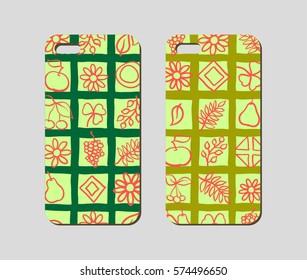 Mobile phone case design. Hand drawn flowers, leaves and fruits background. Vector graphics.