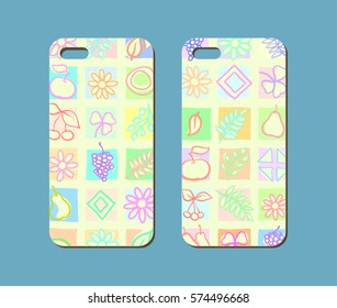 Mobile phone case design. Hand drawn flowers, leaves and fruits background. Vector graphics.