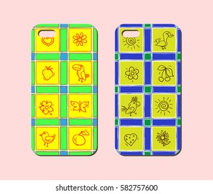 Mobile phone case design. Hand drawn birds, berries, flowers and fruits silhouettes background. Vector graphics.