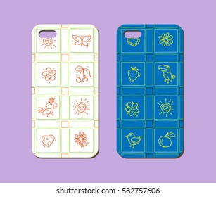 Mobile phone case design. Hand drawn birds, berries, flowers and fruits silhouettes background. Vector graphics.