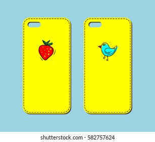 Mobile phone case design. Hand drawn bird and strawberry silhouettes background. Vector graphics.