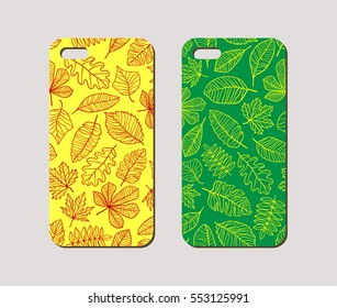 Mobile phone case design. Leaves silhouettes pattern. Vector graphics.