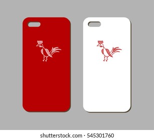 Mobile phone case design. Red rooster year style. Vector graphics.