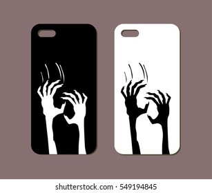 Mobile phone case design. Zombie hands silhouettes. Vector graphics.