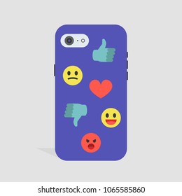 Mobile phone case. Icons and emoji. Millennial lifestyle symbol. Flat editable vector illustration, clip art