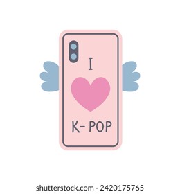 Mobile phone case with i love k-pop text. Cute girlish smartphone decorated with wings and heart. Vector illustration. Popular Korean music fan accessory design