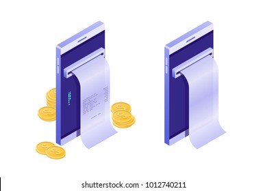 The mobile phone with the cash register receipt, Online cash desk, Electronic payment, Mobile purse, Notification on payment, smartphone with gold coin money isometric vector illustration