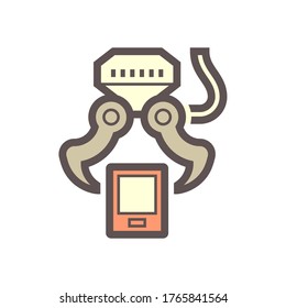 Mobile phone or cell phone production industry vector icon. Industrial manufacturing process consist robot hand and arm to pick device up. That automation machine, equipment, engineering, technology.