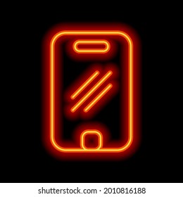 Mobiltelefon, Handy, einfaches Symbol. orangefarbener Neonstil auf schwarzem Hintergrund. Leuchtlineares Symbol mit bearbeitbarem Hub