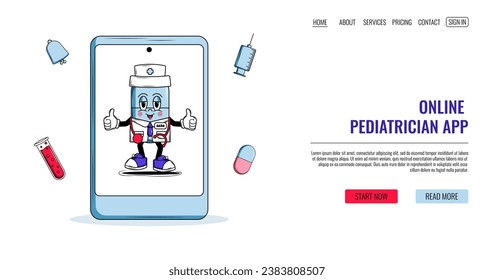 Mobile phone with character doctor on the screen. Children's Medical consultation, Online doctor, Tele medicine, Medicine clinic and health care concept. Design poster, banner, website, presentation.