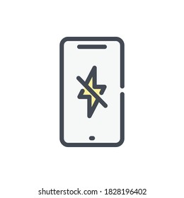 Teléfono móvil con el icono de la línea de color con problema de carga. Smartphone con señal colorida del contorno del vector de daño de la carga de la batería.