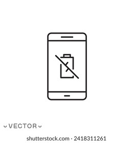Mobile phone with charge problem line icon. Smartphone with battery charge damage vector outline sign. thin line symbol isolated on white background, editable stroke eps 10 vector illustration