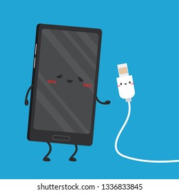 Mobile Phone and Phone charger cartoon. character design. wallpaper. free space for text.