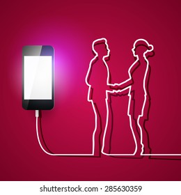 Mobile Phone With Charger Man And Woman Connection On Red Background

