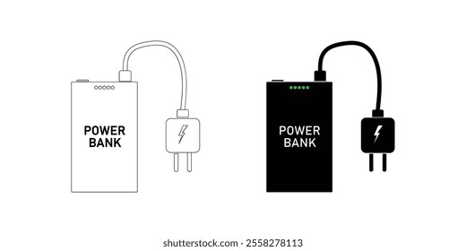 Mobile phone charger on bag Usb-c rechargeable battery portable charger with electrical cable. Mobile and power bank smartphone charger icon. Portable charging station. Smartphone battery icon.