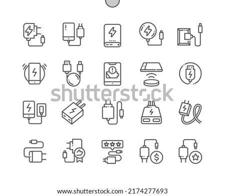 Mobile phone charger. Power adapter. Wireless charger. Buy, price and product reviews. Pixel Perfect Vector Thin Line Icons. Simple Minimal Pictogram