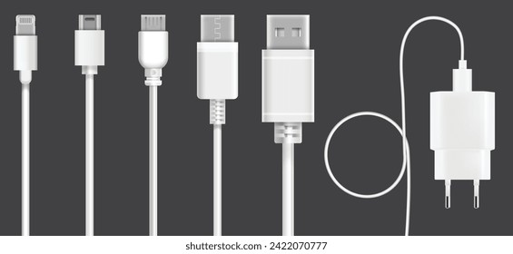 Mobile phone charger realistic sets. Charging Realistic Cables.