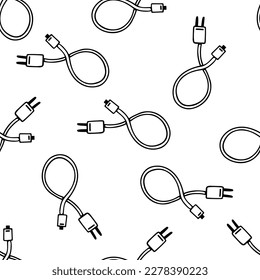 Cargador de teléfono móvil con un patrón vectorial sin fisuras. Cable USB con adaptador para cargar auriculares, tablet, computadora, gadgets. Doodle dibujado a mano, contorno negro. Antecedentes del fondo de pantalla, papel de envoltura, web