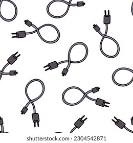 Cargador de teléfono móvil con un patrón vectorial sin fisuras. Cable USB gris con adaptador para cargar smartphone, tablet, gadgets. Doodle dibujado a mano. Fondo plano de caricatura para papel pintado, papel de envoltura, papel impreso, web