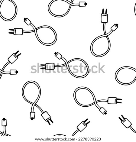 Mobile phone charger seamless vector pattern. USB cable with adapter for charging headphones, tablet, computer, gadgets. Hand drawn doodle, black outline. Background for wallpaper, wrapping paper, web