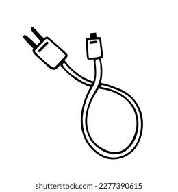 Cargador de teléfono móvil. Icono de vector simple. Cable USB con adaptador para cargar sus auriculares, tablet, computadora. Doodle dibujado a mano, contorno negro. Ilustración aislada en blanco. Clipart para web, aplicaciones