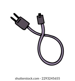 Mobile phone charger. Simple vector icon. USB cable with adapter for charging headphones, tablet, computer. Flat cartoon doodle, hand drawn. Illustration isolated on white. Clipart for web, prints