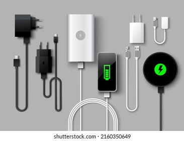 Mobile phone charger vector set. Realistic smartphone power supply. 3D USB cables, cords and electric plugs. Auto adaptors for charging digital devices. Equipment for accumulator refuel svg