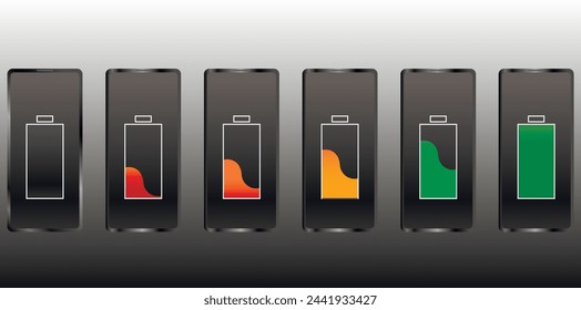 Mobile phone charging level icons isolated on dark background. Modern technologies. Vector