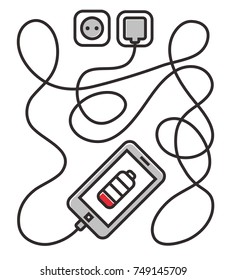 mobile phone charging from line set simple flat vector illustration