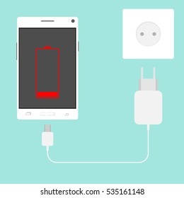 Mobile phone charging, charging the smart phone, discharged battery, the low battery icon. Flat design, vector.