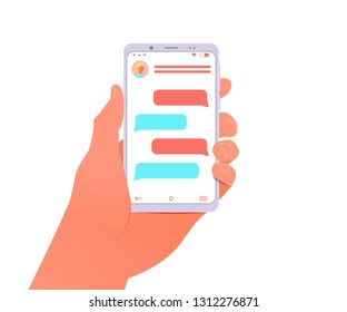 Mobile phone chat concept. Man hold in hand smartphone. Online talking. Vector illustration