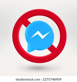 Mobile phone chat icon in red circle with crossed line. 3d vector icon 