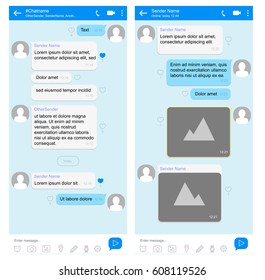 Mobile phone chat interface with speech bubbles for short messages. Vector design template