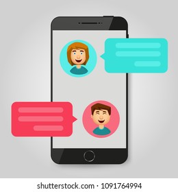 Mobile phone chat message notifications. Chatting bubble speeches, concept of online talking, speak, conversation, dialog. Vector illustration