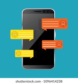 Mobile phone chat message notifications isolated on color background. Chatting bubble speeches. Vector illustration